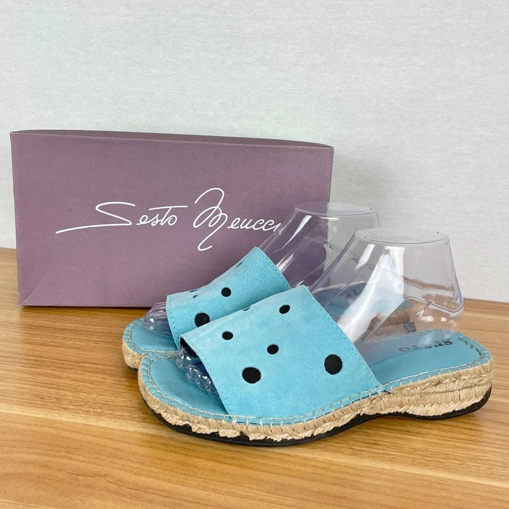 Sesto Meucci Turquoise Suede Espadrille Slide Sandals Womens 8 Laser Cut Coastal - Picture 1 of 9